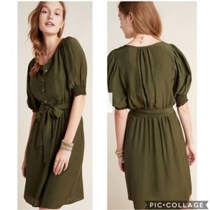 Anthropologie Nicole Puff-Sleeved Linen Blend Shirt Dress in Moss Size S